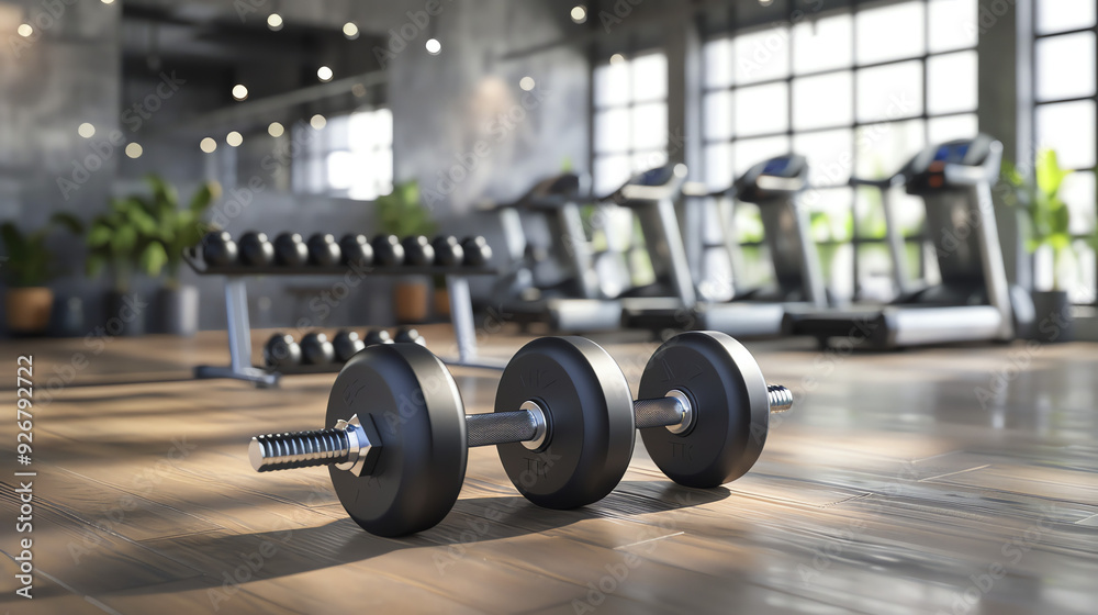 A gym with some dumbbells on a table in the foreground. A gym with some dumbbells on a table in the foreground.