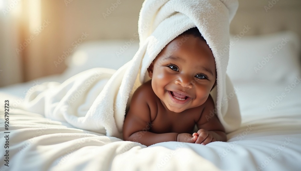 Φωτογραφία Portrait of a happy African American baby wrapped in a cozy white towel