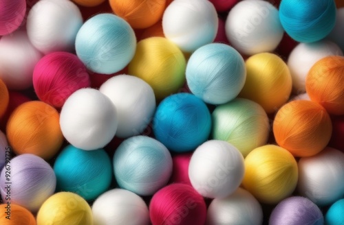 Multiple colorful yarn balls in various shades on a close-up view.