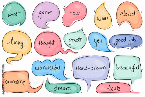 Multicolored speech bubbles for selecting text . Chat boxes with handwritten short phrases with pastel colors