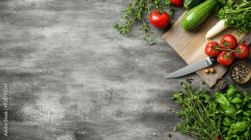 Sleek wooden kitchen table with fresh vegetables, herbs and a knife on the board over a grey wood background, top view space for text stock 