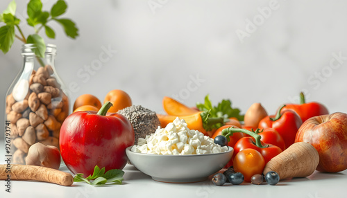 Ingredients of healthy diet that maintains overall health isolated with white highlights, png photo