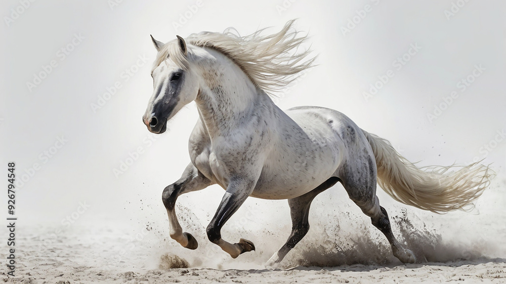 An elegant white horse in mid-gallop, its mane and tail flowing gracefully, captured against a pure white backdrop, showcasing its powerful motion and form. An elegant white horse in mid-gallop, its mane and tail flowing gracefully, captured against a pure white backdrop, showcasing its powerful motion and form.
