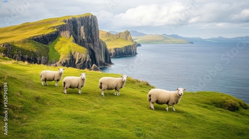 Highland sheep graze at Neist Point. photo