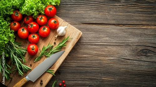 Wooden kitchen table with fresh vegetables, herbs and a knife on it, in a top view. On the wooden board are cherry tomatoes background for cooking or garden products.