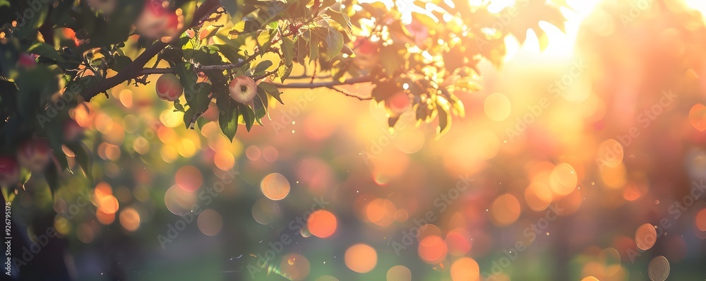Fototapeta premium Apples on a Branch with Sunlit Bokeh