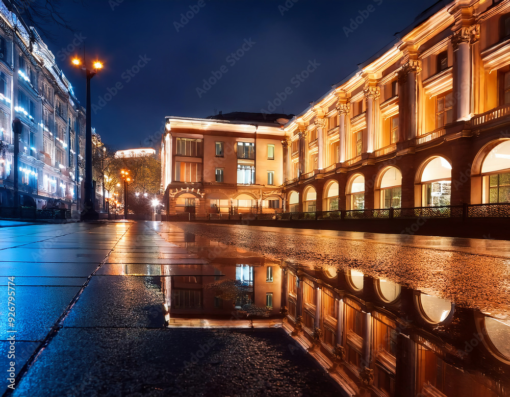 Reflection of building in the water at night with street lights in Europe Reflection of building in the water at night with street lights in Europe