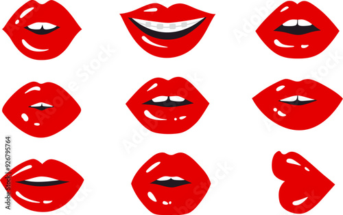 Red Lips Vector Set. Smile Kiss Sexy Mouth. Beauty Female Woman Illustration