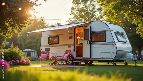 
A vibrant summer day at a caravan park features a classic pull-behind caravan on green grass, surrounded by flowers.