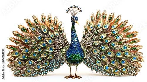 A jeweled peacock with its tail feathers spread out in a fan shape. photo