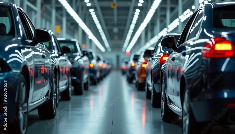 Obraz premium An automobile factory assembly line with vehicles nearing completion, emphasizing depth and symmetry in production technology.