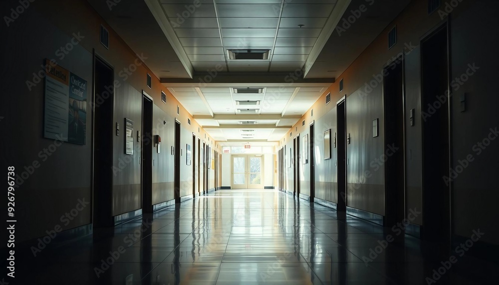 An empty American college corridor, brightly lit and softly blurred at the end, evokes quiet solitude. An empty American college corridor, brightly lit and softly blurred at the end, evokes quiet solitude.