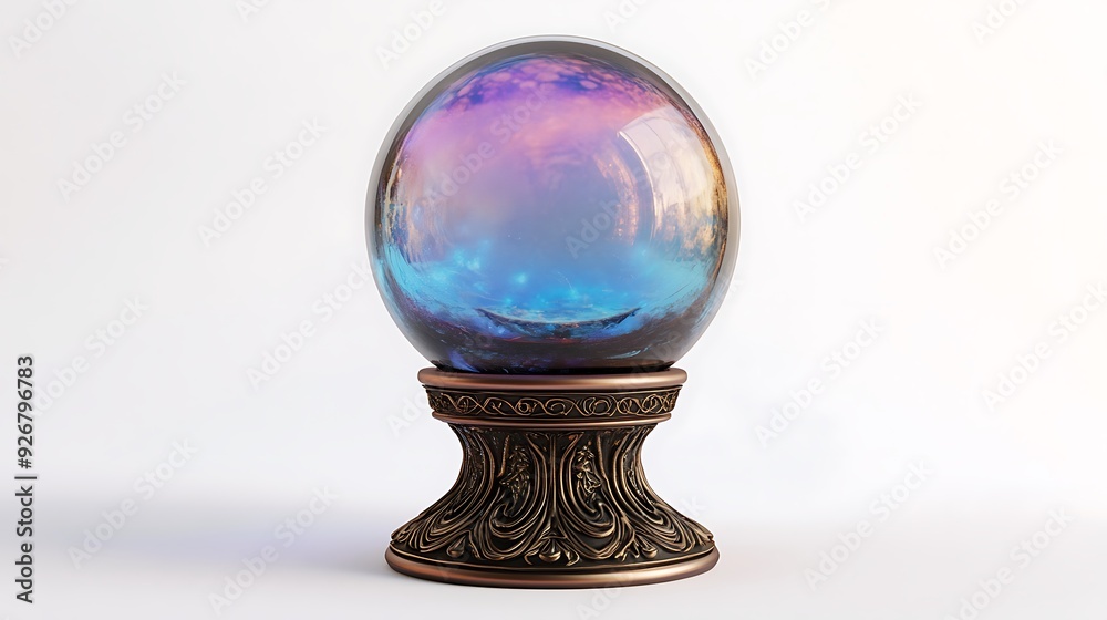 A large glass orb sits on a detailed ornate bronze stand against a white background. A large glass orb sits on a detailed ornate bronze stand against a white background.