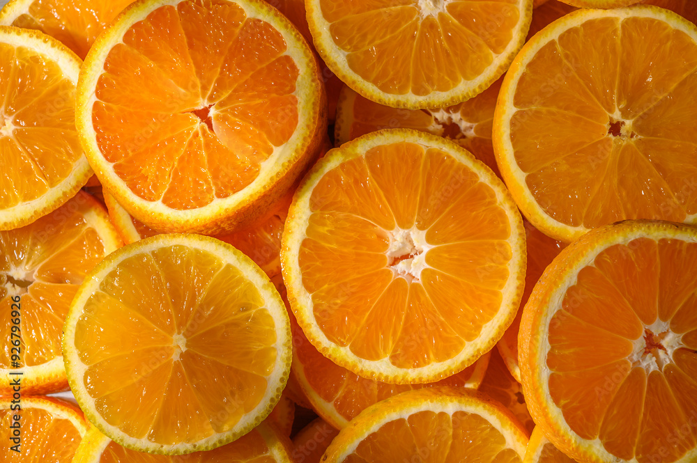 Flat lay composition with ripe sliced oranges as background Flat lay composition with ripe sliced oranges as background