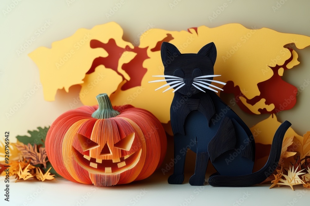 Fototapeta premium Paper Art Black Cat with Pumpkin on Transparent Background