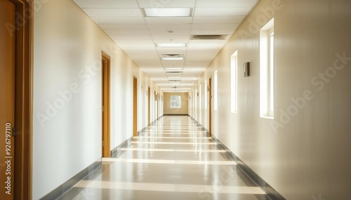 A quiet, empty school corridor with visible classroom and exit doors in the distance.