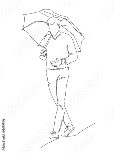 Man with umbrella walking and using phone on rainy day. Continuous line drawing. Black and white vector illustration in line art style.