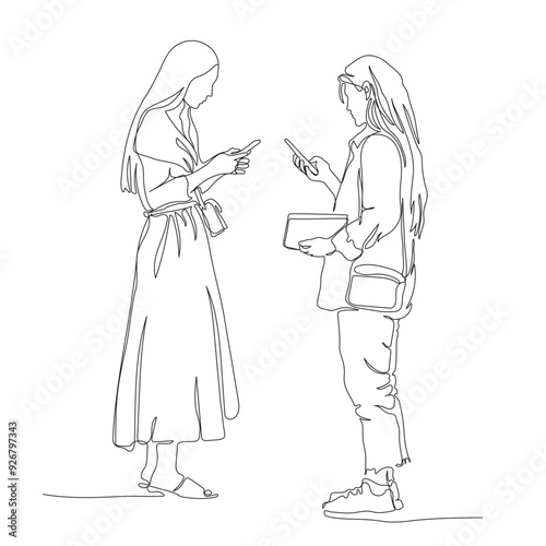 2 young women standing and using phones. Woman at right holding book. Side view. Continuous line drawing. Black and white vector in line art style.