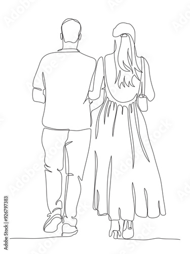 Couple walking away. Woman wear long dress with fluffy skirt and cutout on the back. Back view. Continuous line drawing. Vector in line art style.