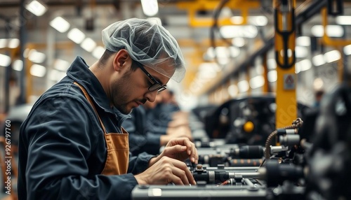 Portrait of a factory worker on a car assembly line.