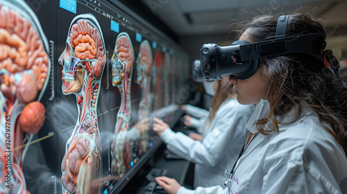 A virtual reality medical education environment, with students wearing VR headsets interacting and analyzing human anatomy holograms on digital screens.