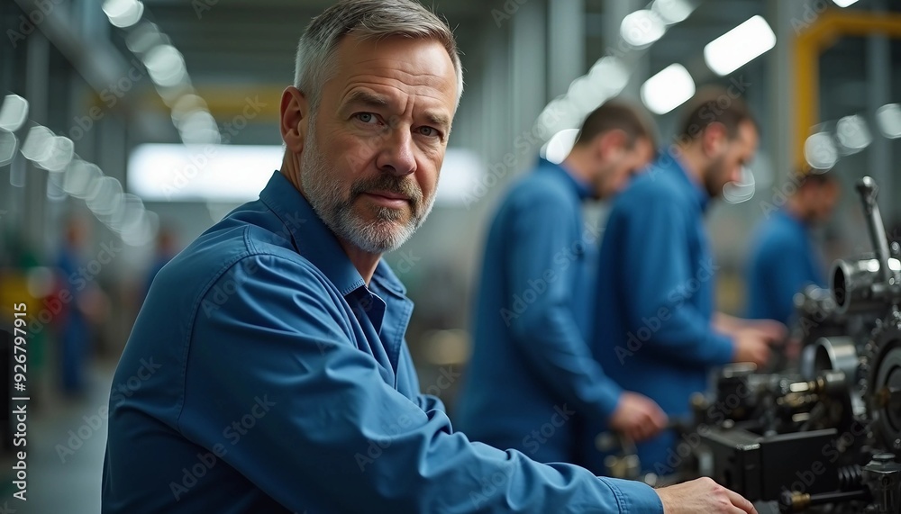 Portrait of a factory worker assembling parts, with a blurred background and bright, even lighting. Portrait of a factory worker assembling parts, with a blurred background and bright, even lighting.