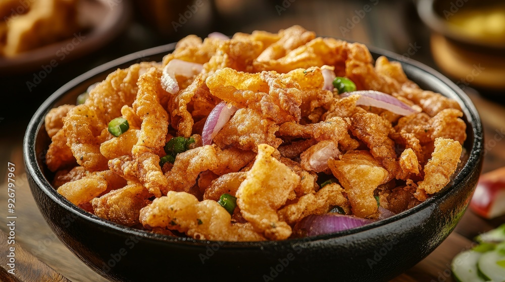 Brazilian pork rinds, restaurant cuisine, served buffet style with onions and other vegetables Brazilian pork rinds, restaurant cuisine, served buffet style with onions and other vegetables