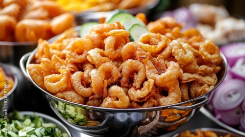 Brazilian pork rinds, restaurant cuisine, served buffet style with onions and other vegetables photo