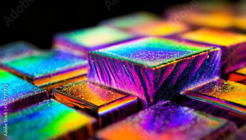 Abstract art of 3D render geometric colorful iridiscent metal cubes blocks, multicolor, pink, purple, metallic volumetric square and rectangular shapes placed and piled up on dark black background. 
