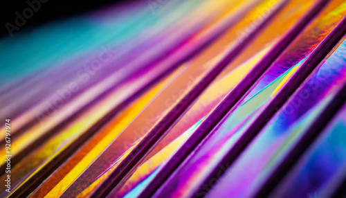 Abstract art of 3D render geometric colorful iridiscent metal bars blocks, multicolor, pink, purple, metallic volumetric square and rectangular shapes placed and piled up on dark black background. 