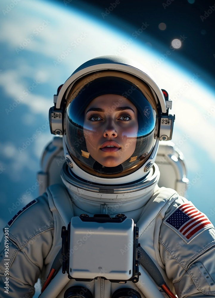 Portrait of an astronaut in open space outside a space station, with Earth's blue and white swirl behind Portrait of an astronaut in open space outside a space station, with Earth's blue and white swirl behind