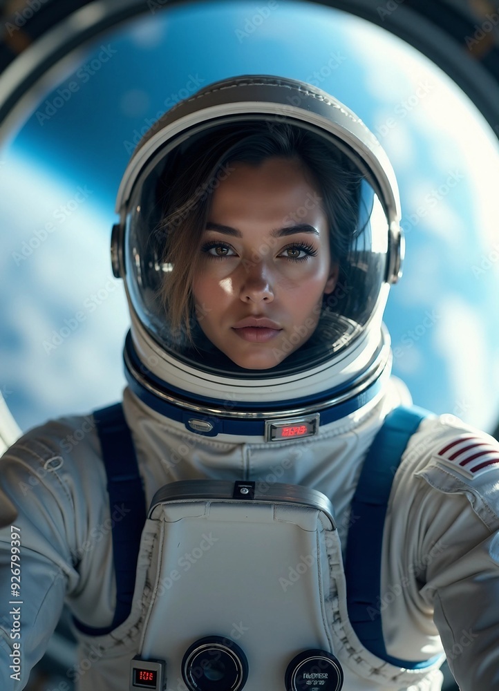 Portrait of an astronaut in open space outside a space station, with Earth's blue and white swirl behind Portrait of an astronaut in open space outside a space station, with Earth's blue and white swirl behind