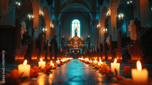 Interior of a Church with Lit Candles and Flowers on the Floor for All Saints' Day