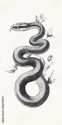 A black and white illustration of a coiled snake with intricate scale patterns, intertwined with leaves, emphasizing a balance between nature and the serpent's sinuous form