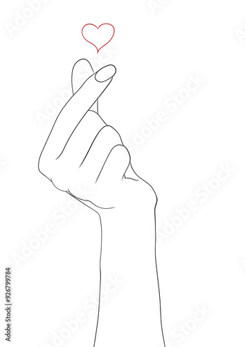 illustration d'une main, coeur avec les doigt, dessin à la ligne 