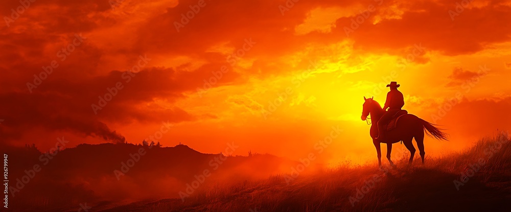 A lone cowboy rides a horse into the setting sun, silhouetted against a fiery orange sky. A lone cowboy rides a horse into the setting sun, silhouetted against a fiery orange sky.