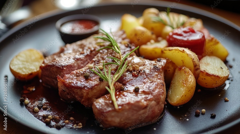 A dish of divided meat with potatoes, sauces, and condiments against a backdrop of a restaurant A dish of divided meat with potatoes, sauces, and condiments against a backdrop of a restaurant