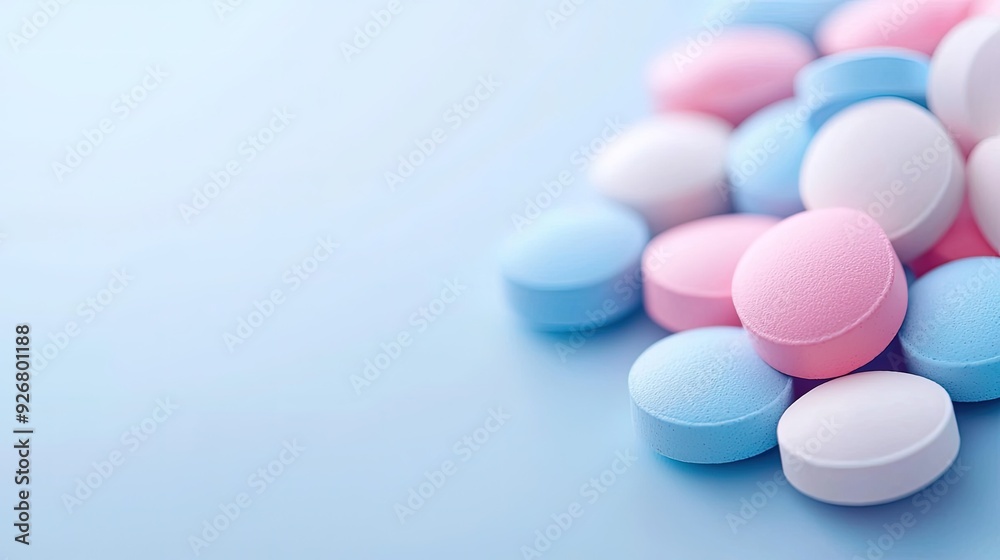 Blue and Pink Pills Scattered on Light Blue Surface Blue and Pink Pills Scattered on Light Blue Surface