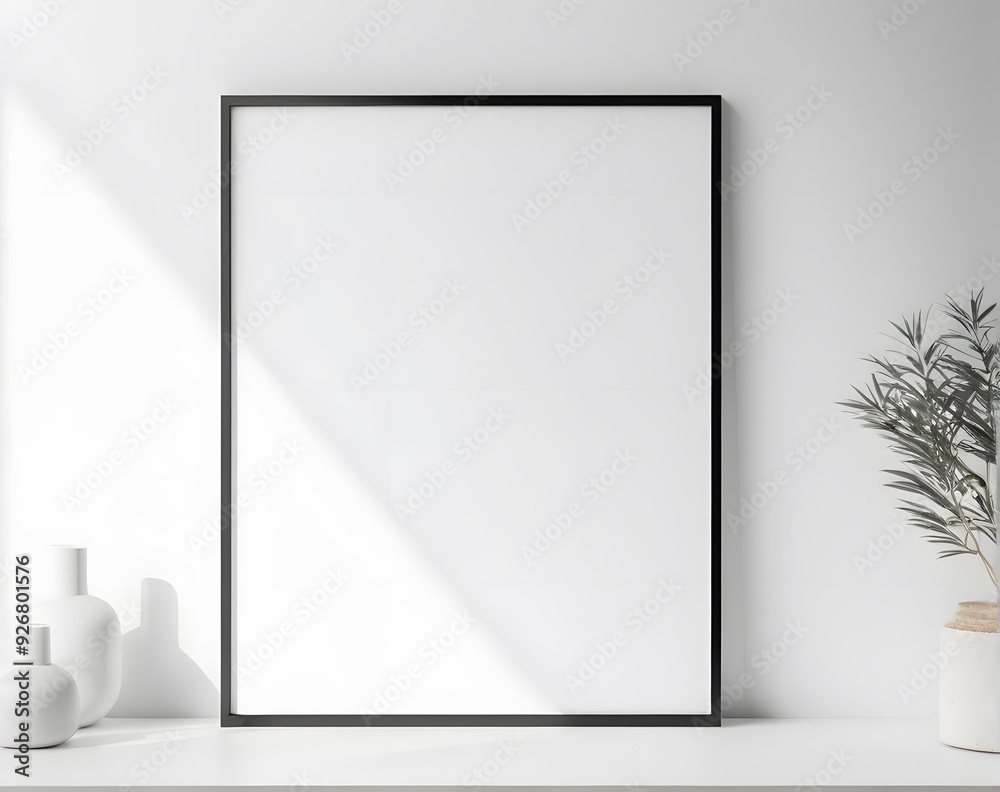 Vertical black frame mockup close up on wall, 3d render Vertical black frame mockup close up on wall, 3d render