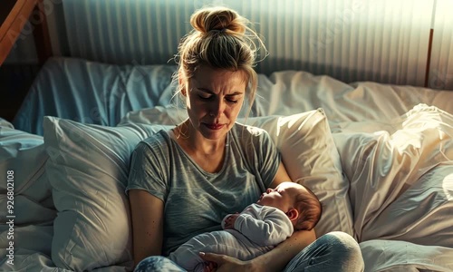 Postpartum depression. A woman is holding a baby in her arms. The baby is crying and the woman is looking at it. Scene is sad and emotional