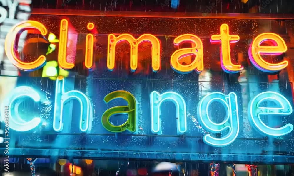 A neon sign that says Climate Change. The sign is lit up in neon colors and is hanging from a building A neon sign that says Climate Change. The sign is lit up in neon colors and is hanging from a building