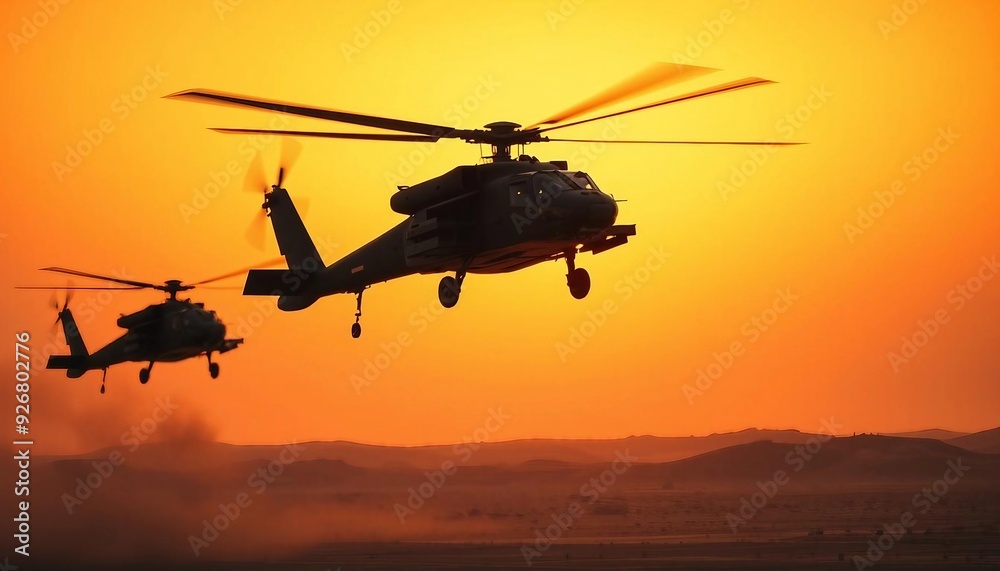 Two attack helicopters fly in sync over a desert at dusk, silhouetted against an orange sky, with depth of field and sunset lighting enhancing the dramatic scene.
Two attack helicopters fly in sync over a desert at dusk, silhouetted against an orange sky, with depth of field and sunset lighting enhancing the dramatic scene.