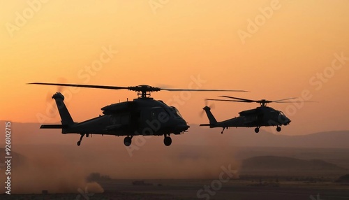 Two attack helicopters fly in sync over a desert at dusk, silhouetted against an orange sky, with depth of field and sunset lighting enhancing the dramatic scene.






 photo