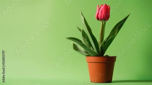 A red tulip in a brown pot on a plain background.