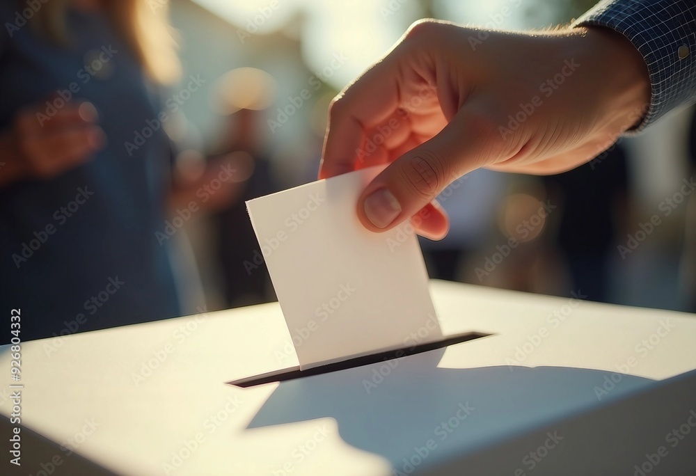A hand deposits a voting ballot into a ballot box, captured with a shallow depth of field that blurs the busy polling place in the background.
A hand deposits a voting ballot into a ballot box, captured with a shallow depth of field that blurs the busy polling place in the background.
