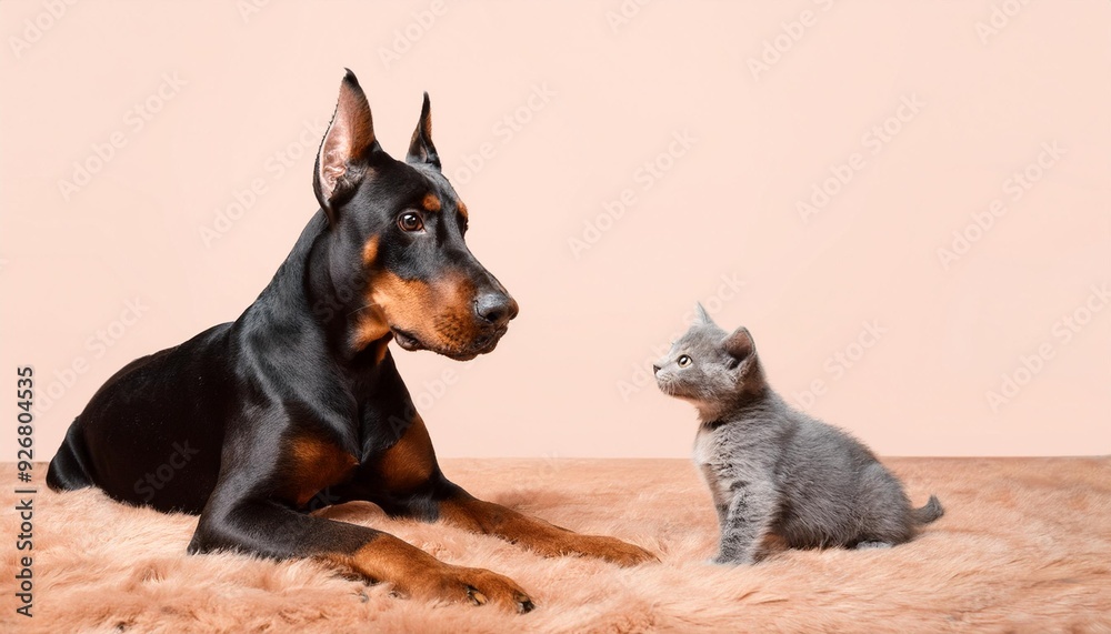 A large Doberman dog next to a small, adorable gray tabby baby cat, isolated on peach fuzz background. A large Doberman dog next to a small, adorable gray tabby baby cat, isolated on peach fuzz background.