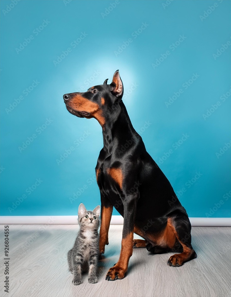 A large Doberman dog next to a small, adorable gray tabby baby cat, isolated on blue background. A large Doberman dog next to a small, adorable gray tabby baby cat, isolated on blue background.