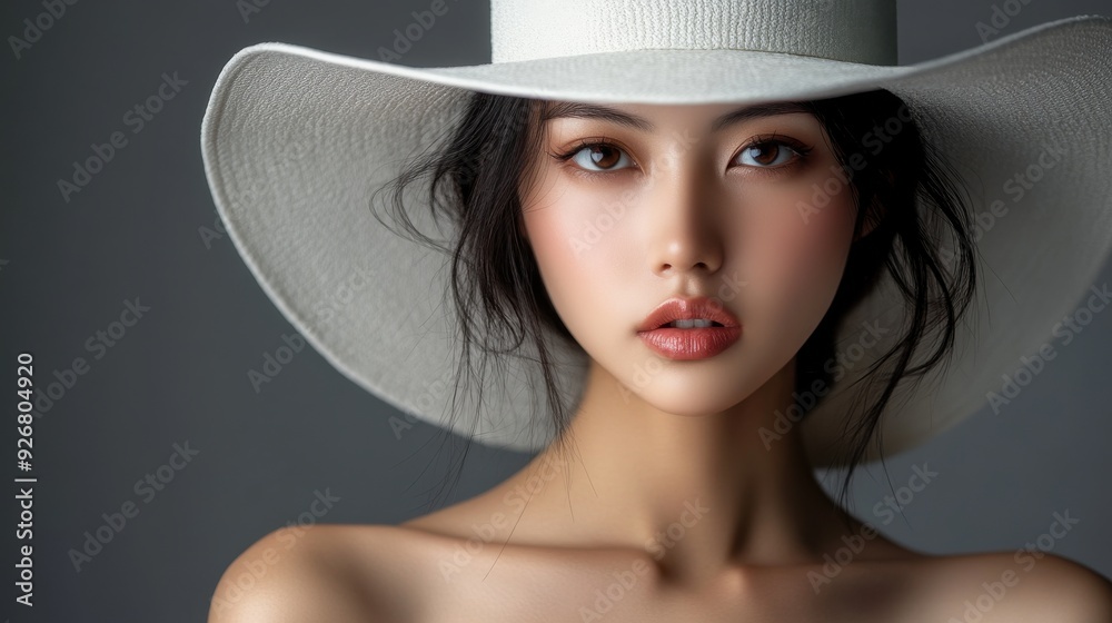 Studio shot of a woman with long black hair, wearing a white hat and makeup, highlighting her delicate skin and refined beauty. Studio shot of a woman with long black hair, wearing a white hat and makeup, highlighting her delicate skin and refined beauty.