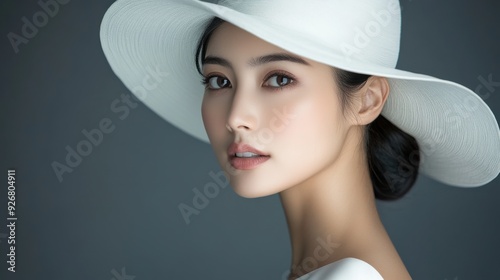 Studio shot of a woman with long black hair, wearing a white hat and makeup, highlighting her delicate skin and refined beauty.