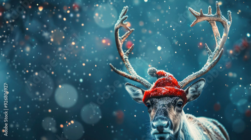 Merry Christmas celebration holiday background greeting card, reindeer animal with santa claus hat, blue snowy background